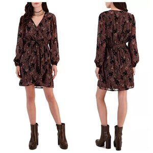 Kit & Sky Juniors' Womens Floral-Print Tie-Waist Wrap-Style Dress Large Brown